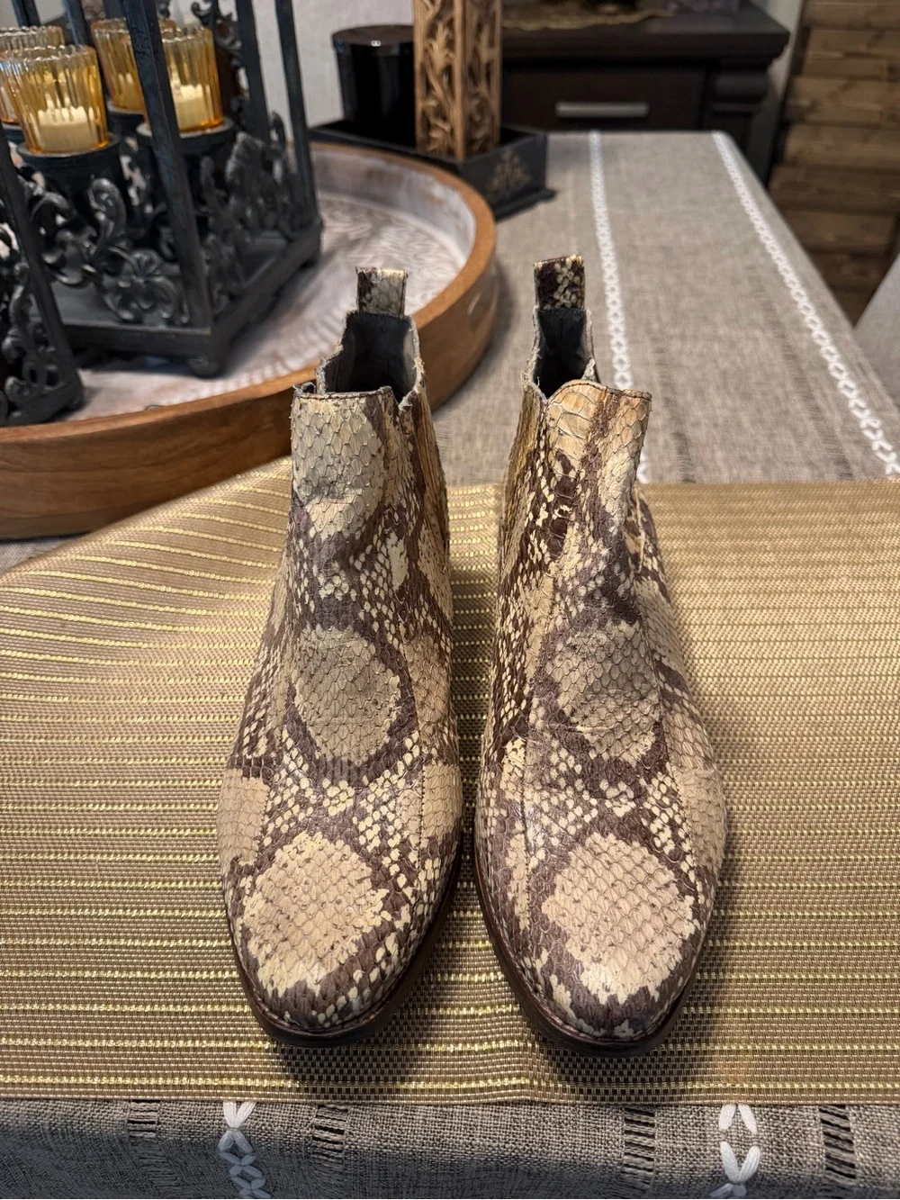 Vince Camuto Snake-Print Chelsea Booties in Beige and Brown
